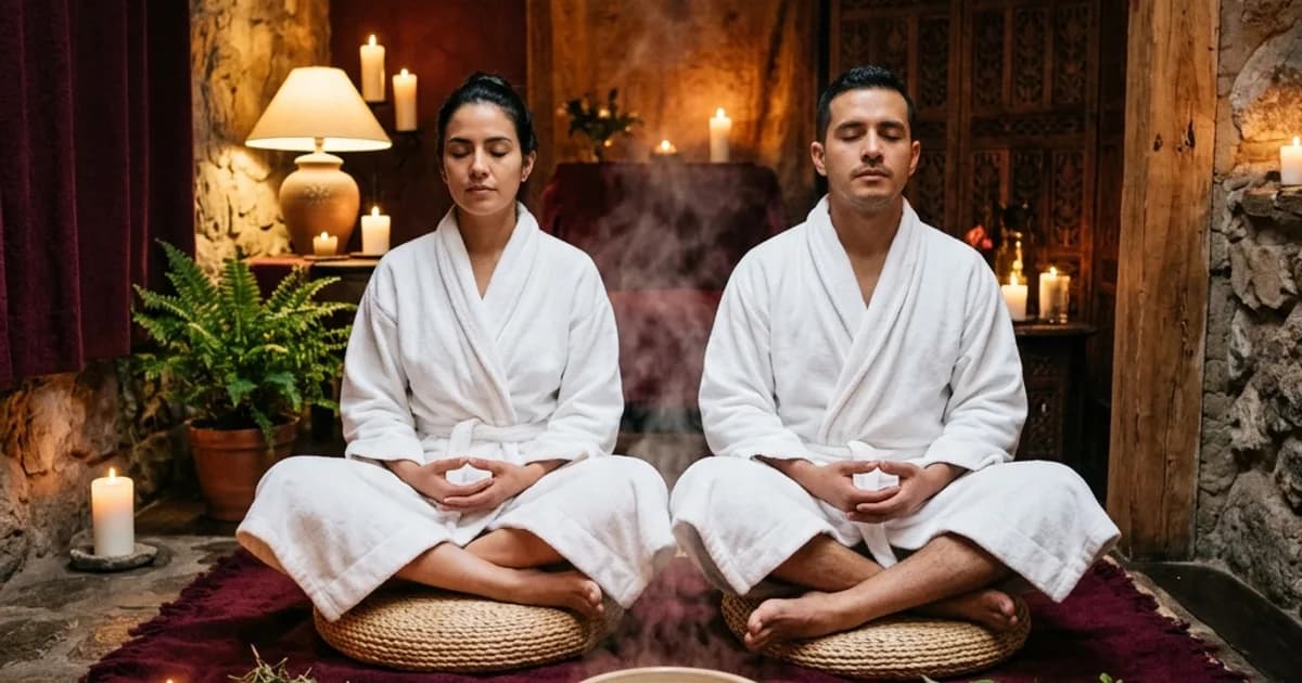Pareja en ritual de reconexión espiritual en spa privado de Roldanillo